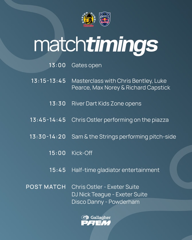 Exeter Chiefs matchday timings overview for 04/10/25 at Sandy Park