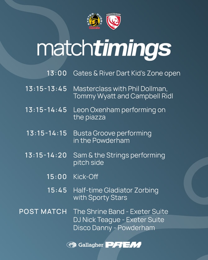 Exeter Chiefs matchday timings overview for 19/10/25 at Sandy Park