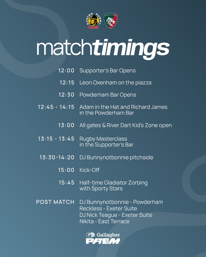 Exeter Chiefs matchday timings overview for Sandy Park