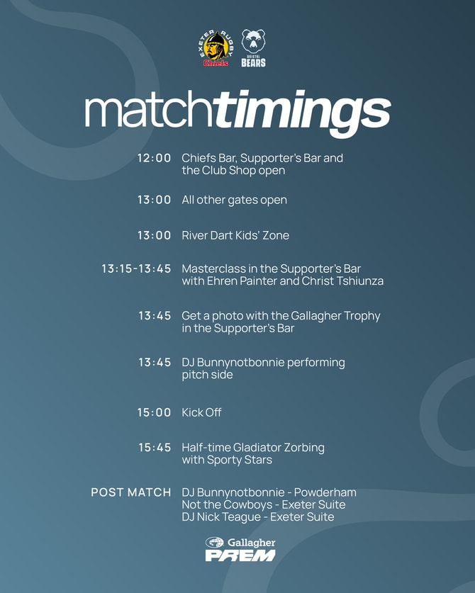 Exeter Chiefs matchday timings overview for Sandy Park